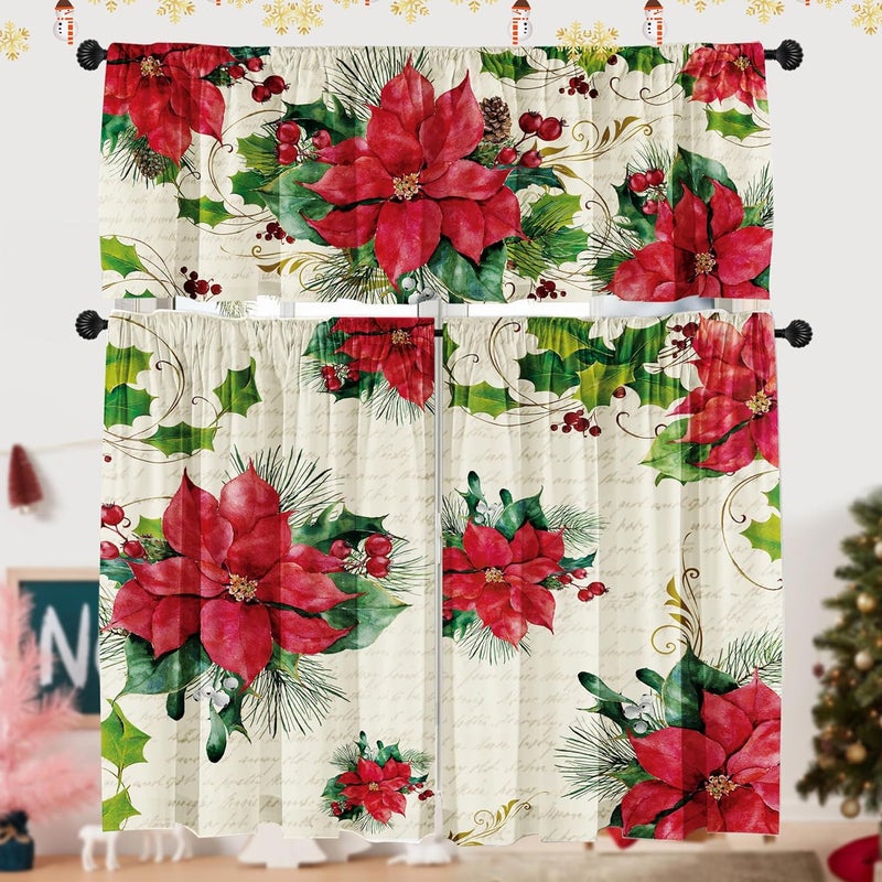 SUNWISHA Poinsettia Christmas Curtain Valances Set, Upper & Lower Curtains,52'' L x 18'' W & 36'' L x 26'' W, Holiday Bedroom Decoration, Kitchen Windows Decor, 3 Piece Set, Red - Image 1